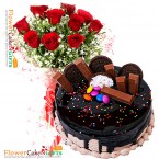 send 1kg eggless choco oreo kit kat chocolate cake n 10 roses bouquet delivery
